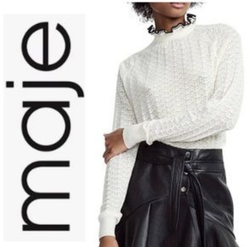 Maje Ecru Motif Knit Ruffled Contrast Tone Navy White Turtleneck Sweater